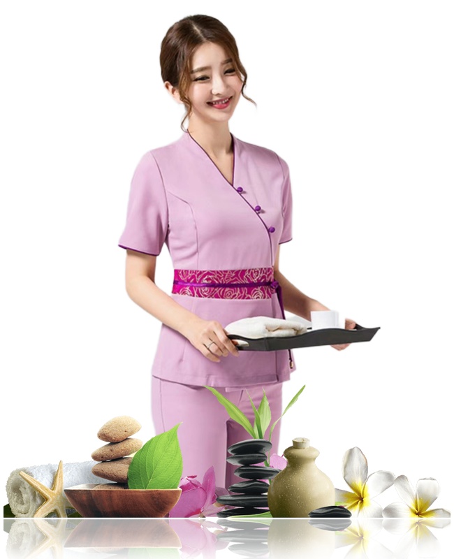 Spa therapist in pink uniform holding tray